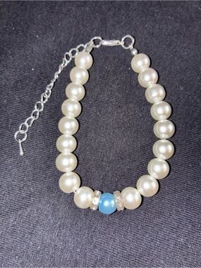 Bride to be. Elegant Pearl Like Bracelet with Blue Accent Bead